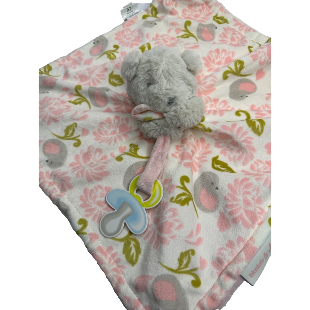 Blankets & Beyond Lovey Gray Bear Pink White Bird Flowers Pacifier Loop Security